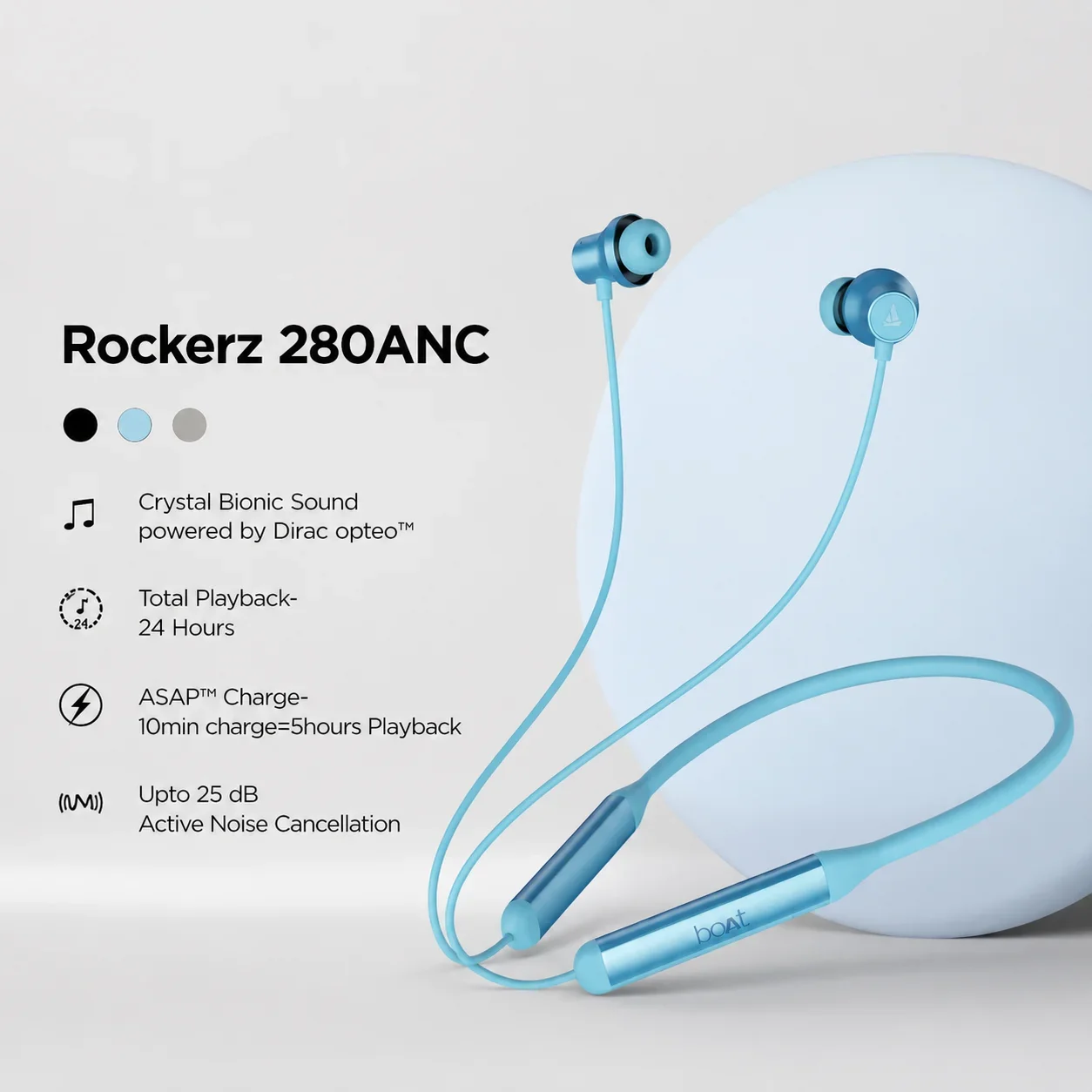 boAt Rockerz 280ANC Wireless Neckband with 25dB ANC, Dirac Opteo™, and ASAP™ Charge