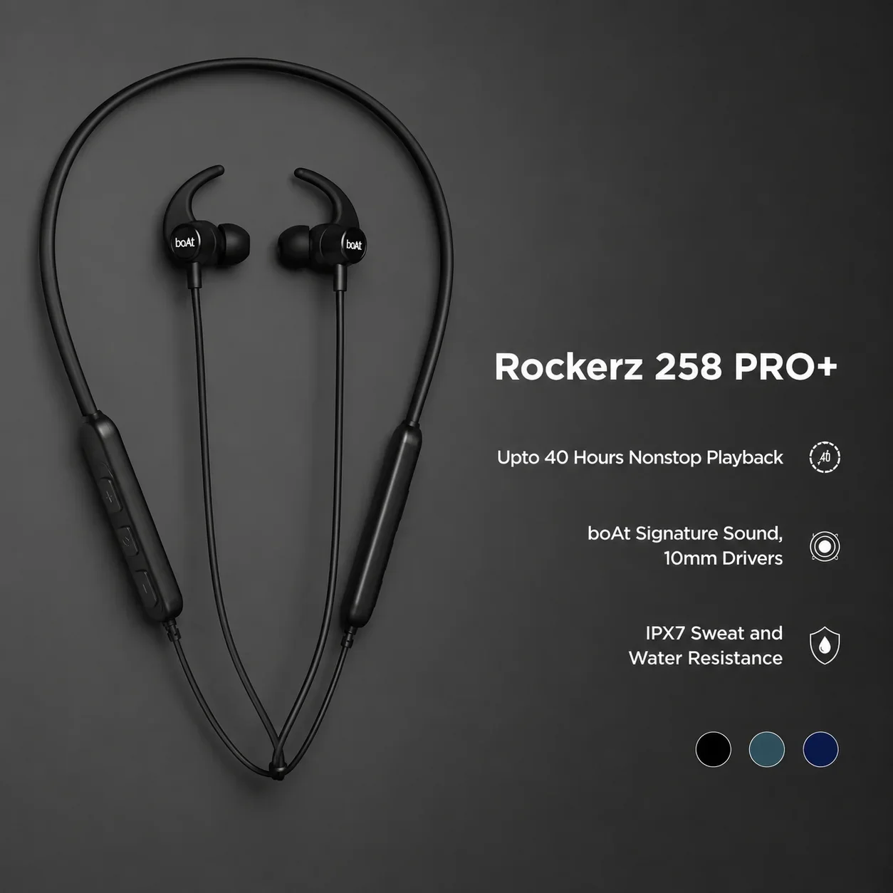 boAt Rockerz 258 PRO+ Wireless Neckband with 40 Hours Playback, 10mm Drivers & IPX7 Rating