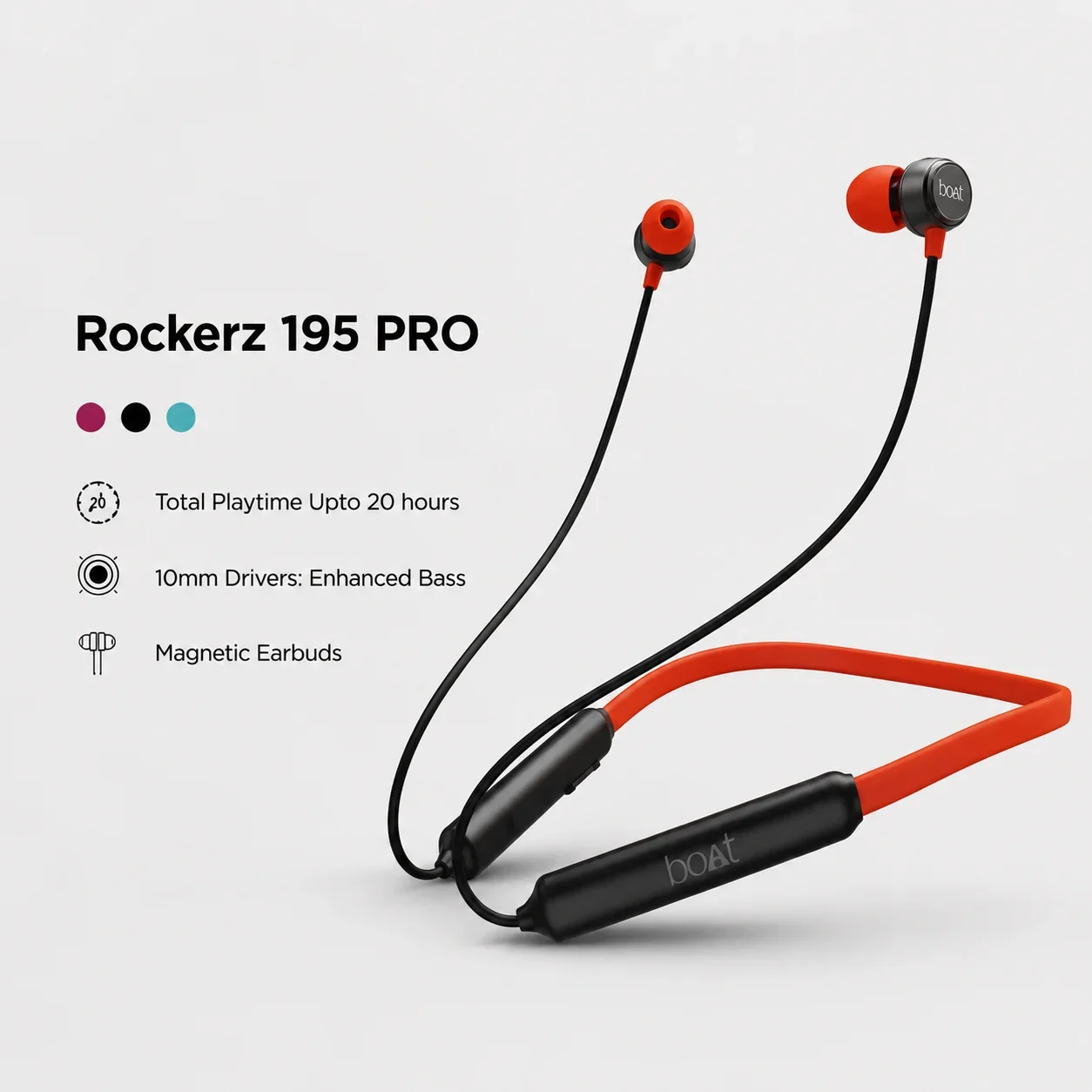 boAt Rockerz 195 PRO Wireless Neckband with 20 Hours Playtime, 10mm Drivers & Magnetic Earbuds