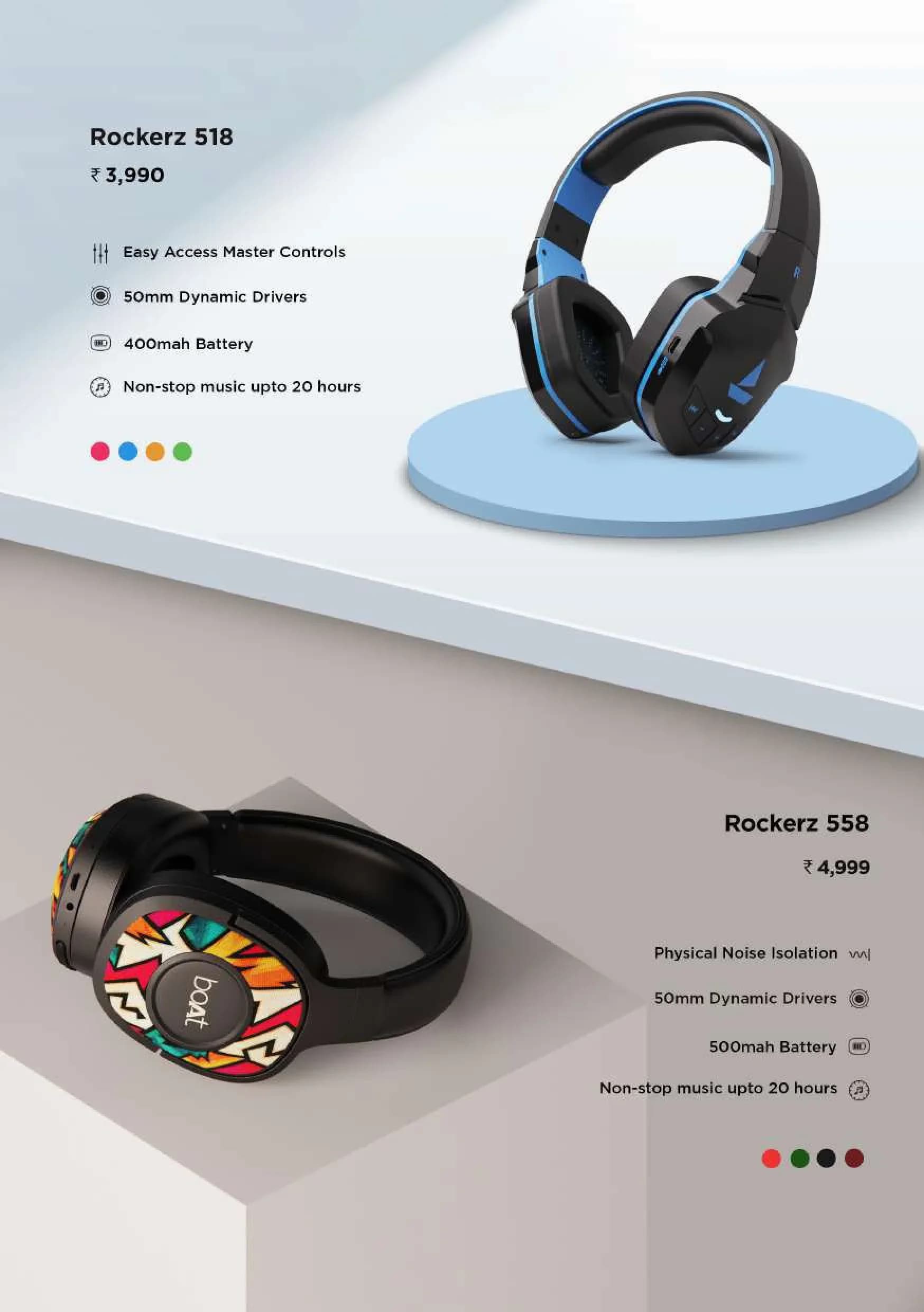 boAt Rockerz 518 & 558 Wireless Over-Ear Headphones with 50mm Dynamic Drivers & 20 Hours Playback