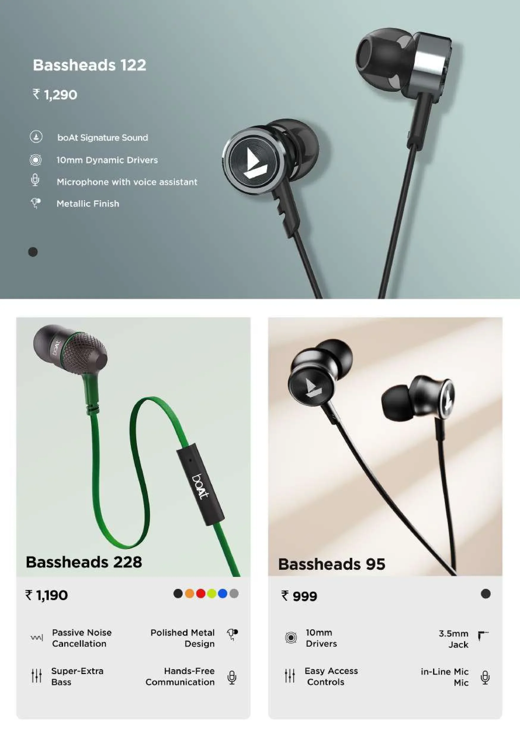 boAt Bassheads Wired Earphone Series (122, 228 & 95) with 10mm Drivers, In-Line Mic & Premium Metal Finish
