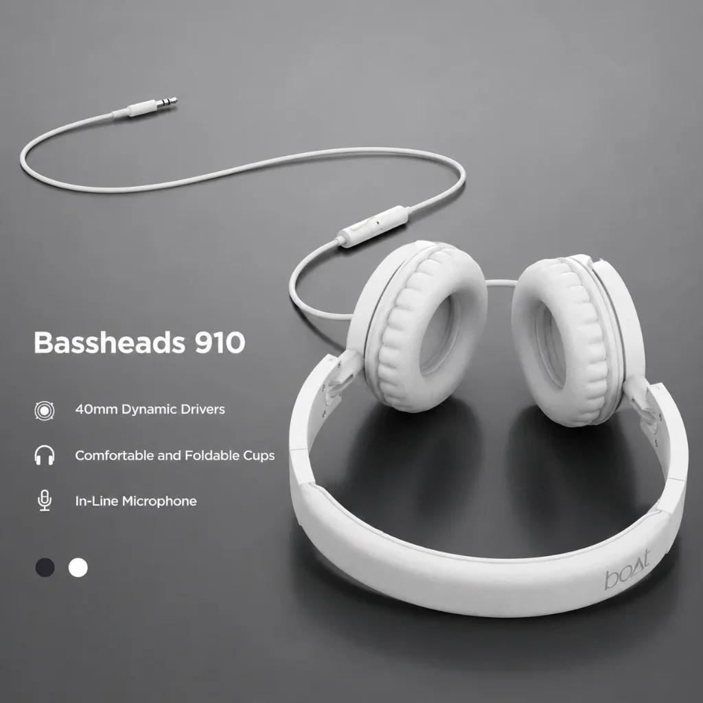 boAt Bassheads 910 Wired On-Ear Headphones with 40mm Dynamic Drivers & Foldable Earcups