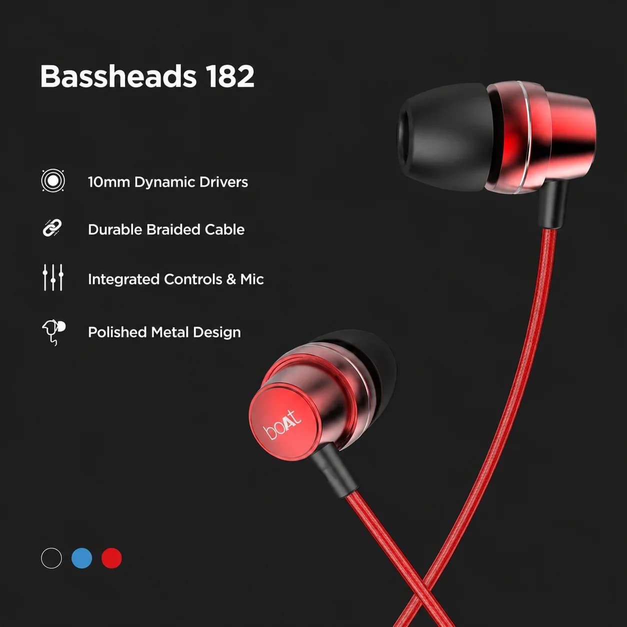 boAt Bassheads 182 Wired In-Ear Earphones with 10mm Dynamic Drivers & Durable Braided Cable