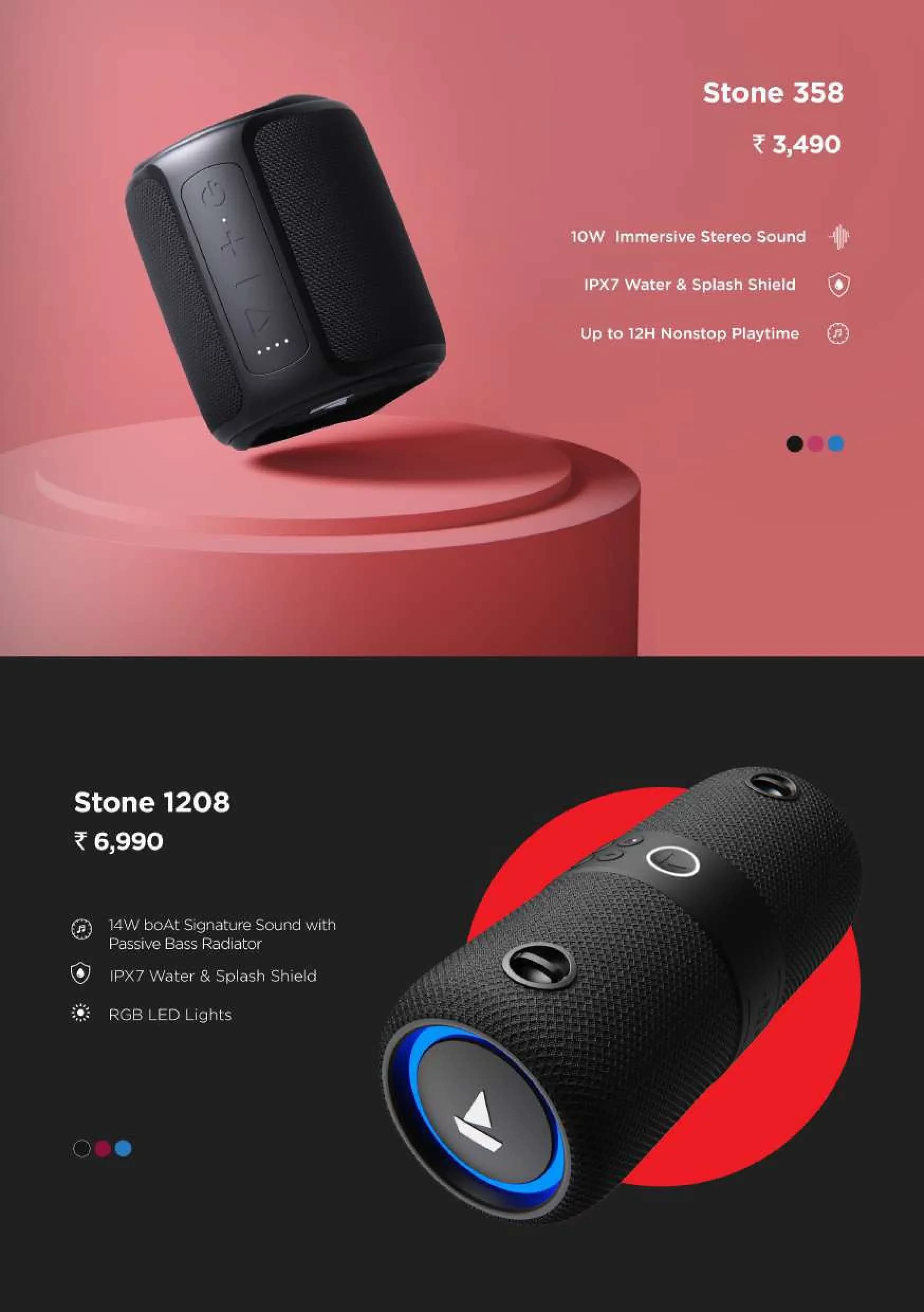 boAt Stone Bluetooth Speaker Series (Stone 358 & Stone 1208) with Up to 14W Output, IPX7 Rating & RGB LED Lights