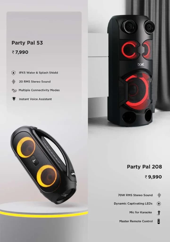 boAt Party Pal Speaker Series (Party Pal 53 & Party Pal 208) with Up to 70W RMS Sound, Dynamic LEDs & Karaoke Support