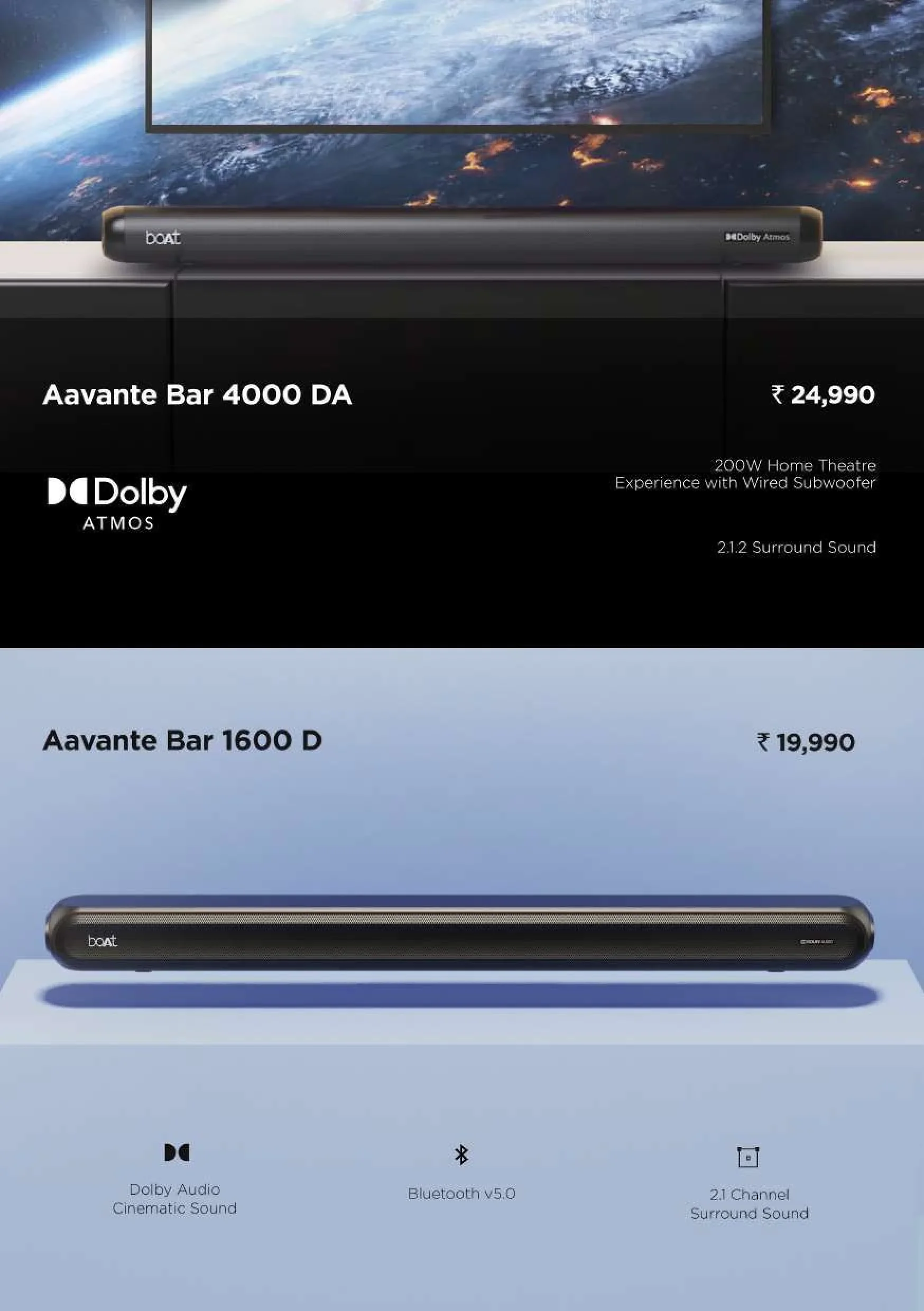 boAt Aavante Bar Home Theatre Soundbar Series (4000 DA & 1600 D) with Dolby Audio, Up to 200W Output & Surround Sound