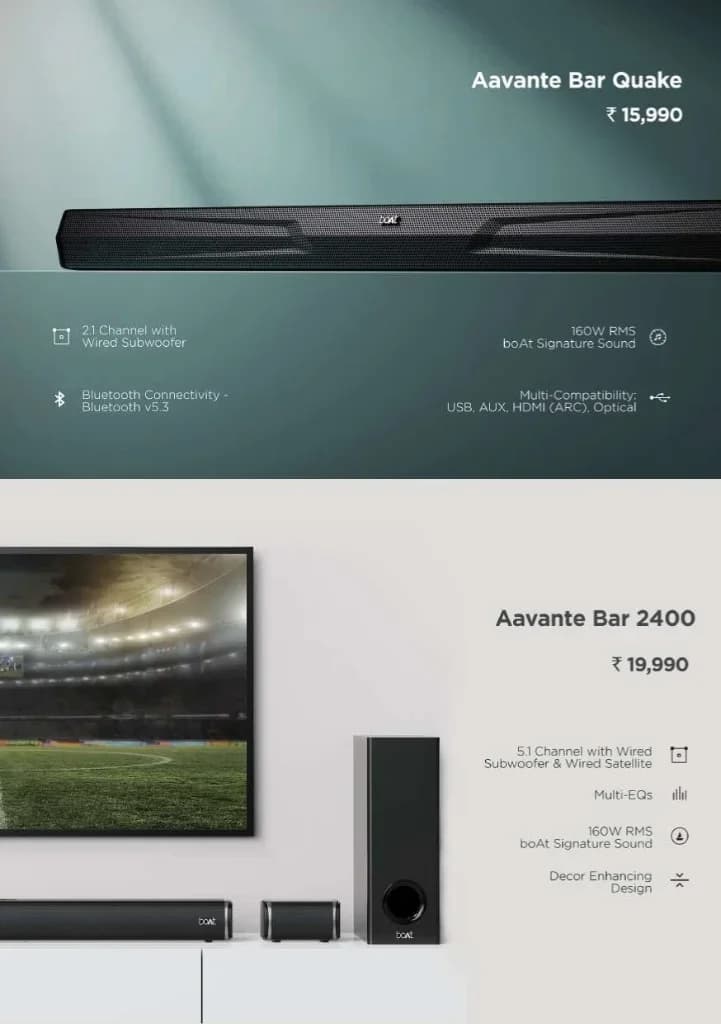 boAt Aavante Bar Soundbar Series (Aavante Bar Quake & Aavante Bar 2400) with 160W RMS boAt Signature Sound & Multi-Connectivity