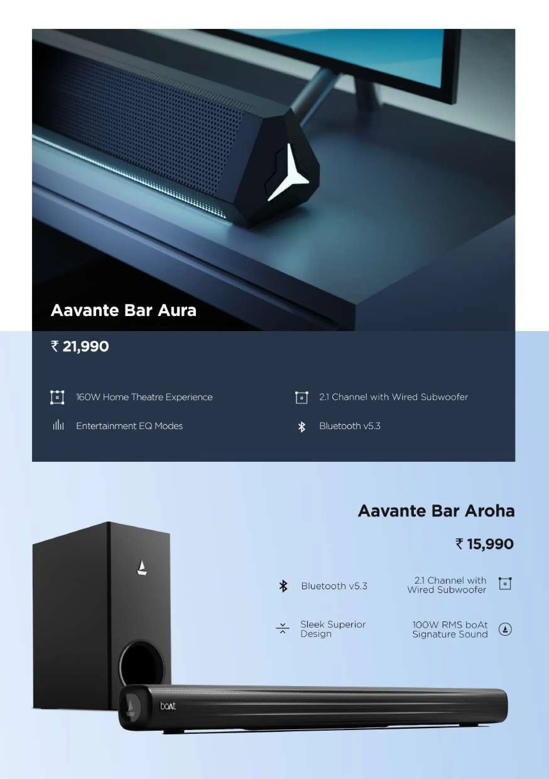 boAt Aavante Bar Soundbar Series (Aavante Bar Aura & Aavante Bar Aroha) with 2.1 Channel Wired Subwoofer & Bluetooth v5.3