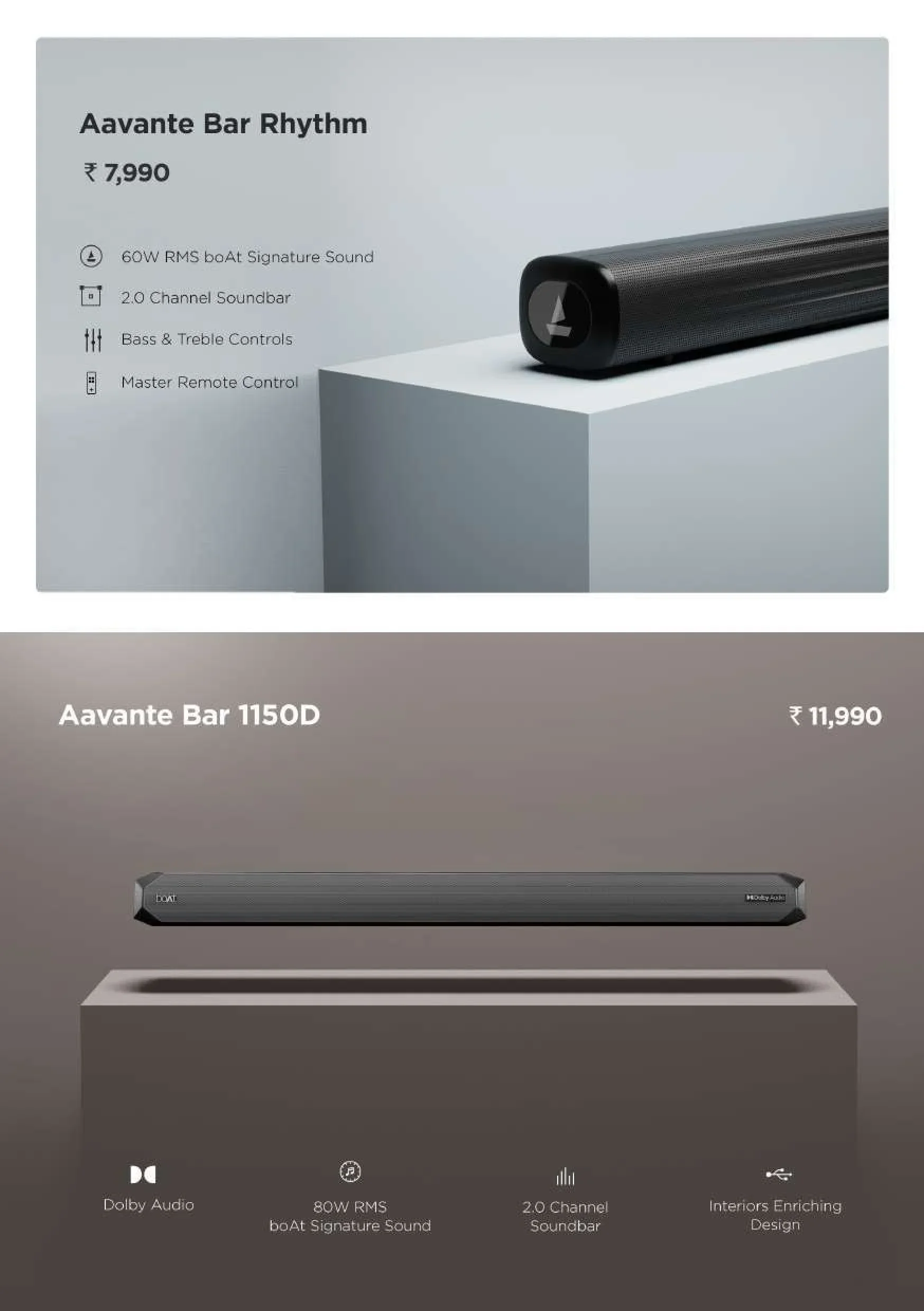 boAt Aavante Bar Soundbar Series (Aavante Bar Rhythm & Aavante Bar 1150D) with 2.0 Channel Setup, Up to 80W Output & Dolby Audio