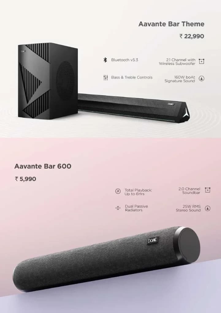 boAt Aavante Bar Soundbar Series (Aavante Bar Theme & Aavante Bar 600) with Up to 160W Output, Wireless Subwoofer & Portable Audio