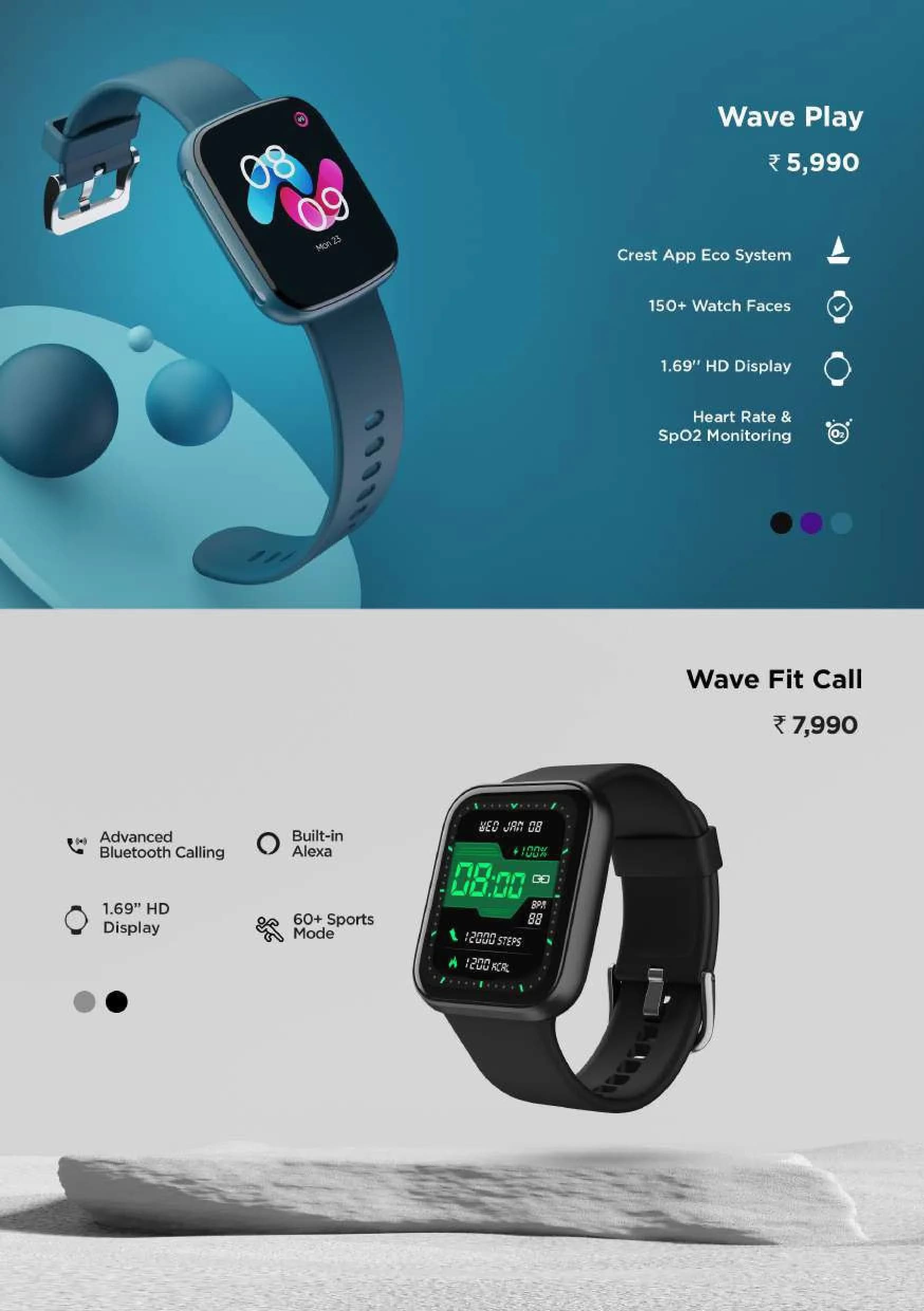 boAt Smartwatch Series (Wave Play & Wave Fit Call) with 1.69" HD Display, Health Monitoring & Built-in Alexa