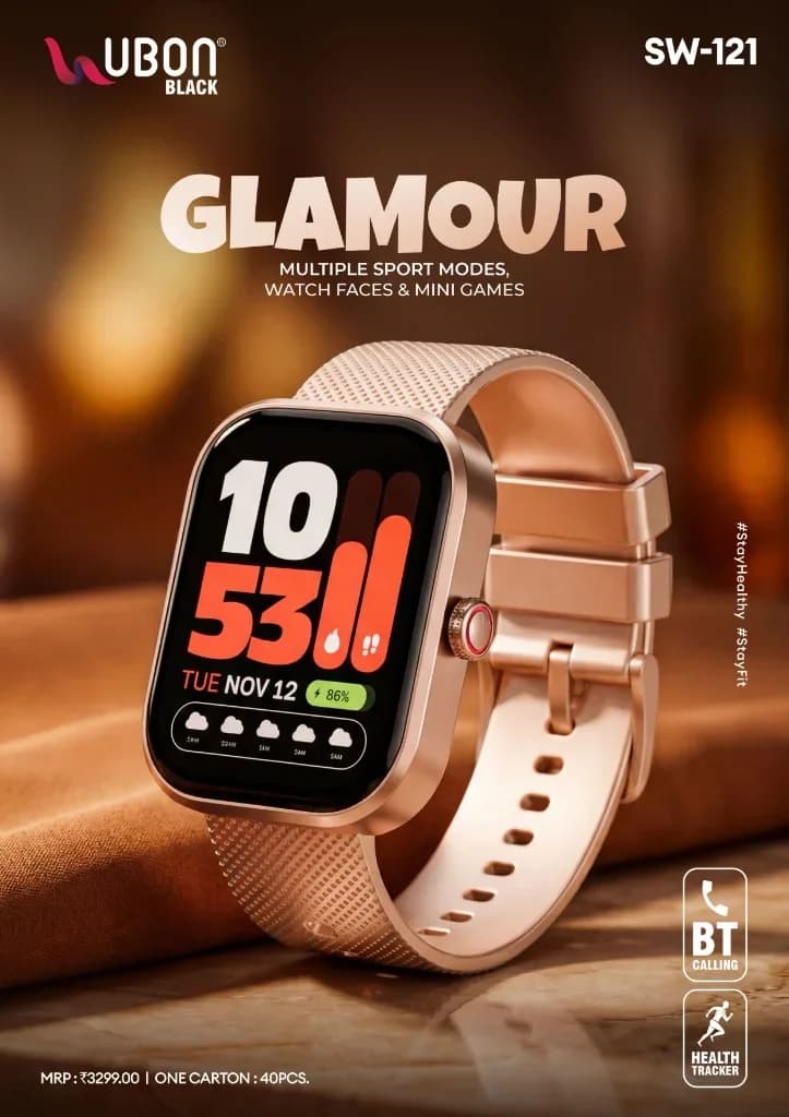 UBON Black SW-121 GLAMOUR Smartwatch with BT Calling, Health Tracker, Mini Games & Multiple Sport Modes