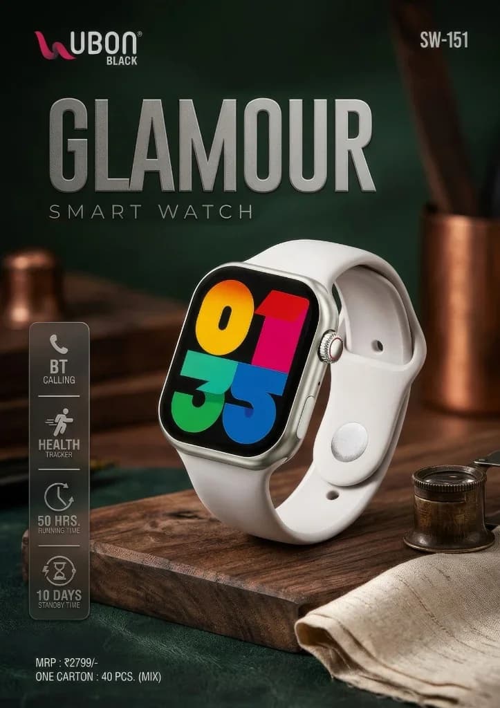 UBON Black SW-151 GLAMOUR Smartwatch with BT Calling, Health Tracker & 50 Hours Running Time