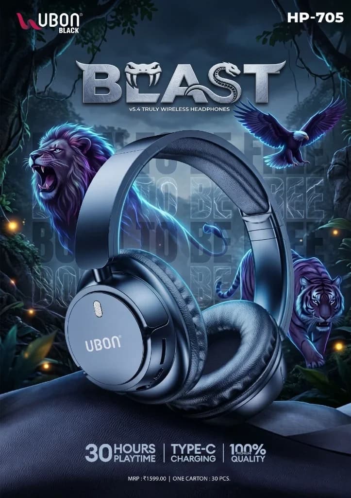 UBON Black HP-705 BEAST Wireless Headphones with Bluetooth v5.4, 30 Hours Playtime & Type-C Charging