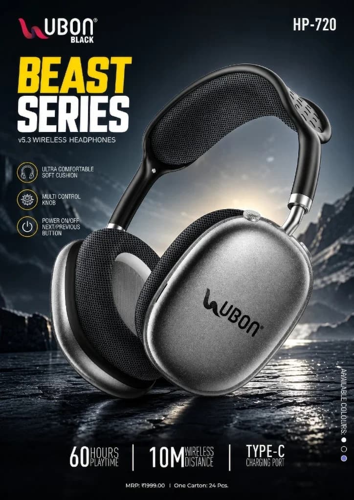 UBON Black HP-720 BEAST Series Wireless Headphones with Bluetooth v5.3, 60 Hours Playtime & Multi-Control Knob