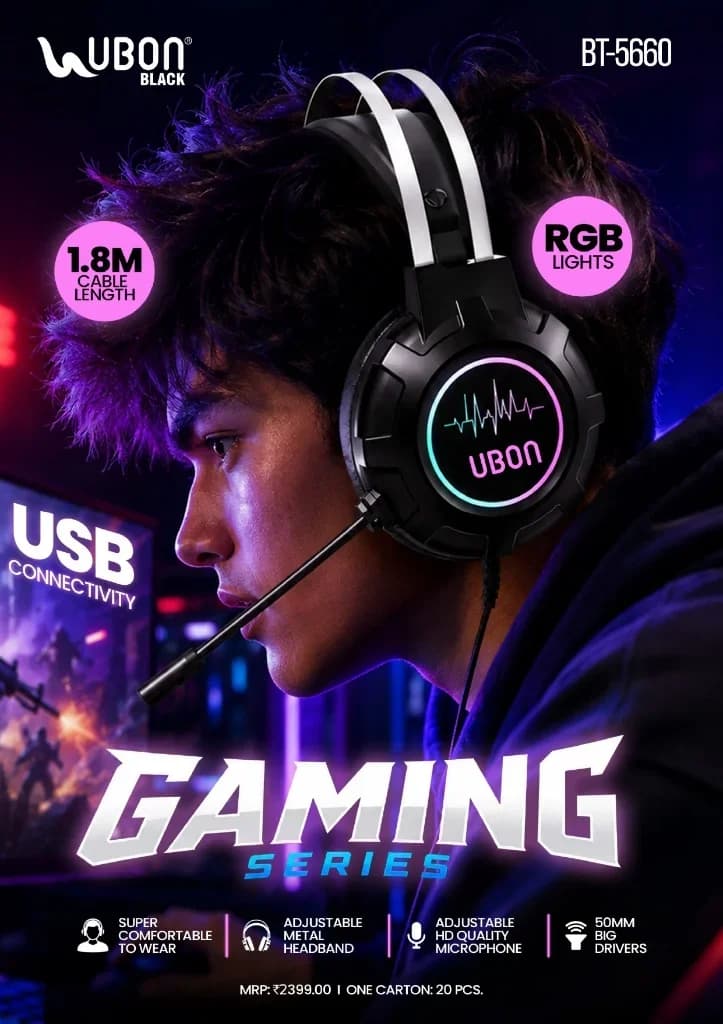 UBON Black BT-5660 Gaming Series USB Headset with RGB Lights, 50mm Big Drivers & Adjustable HD Microphone