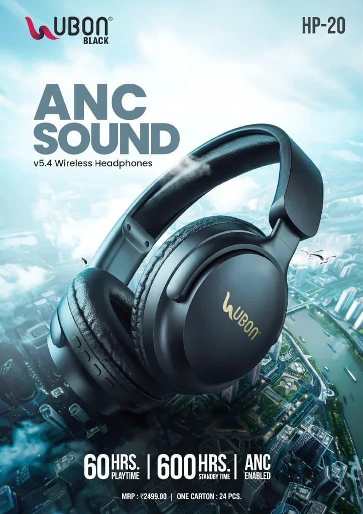 UBON Black HP-20 ANC Wireless Headphones with Bluetooth v5.4, Active Noise Cancellation & 60 Hours Playtime