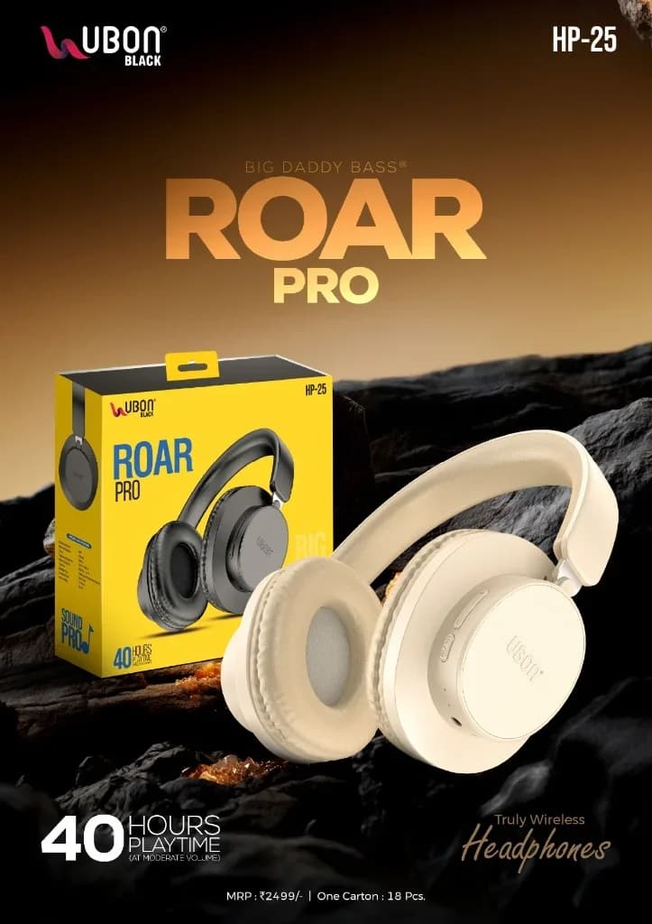 UBON Black HP-25 ROAR PRO Wireless Headphones with Big Daddy Bass® & 40 Hours Playtime