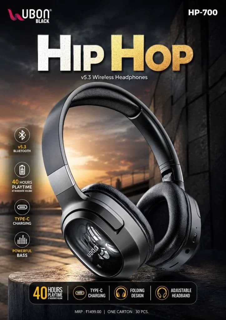 UBON Black HP-700 HIP HOP Wireless Headphones with Bluetooth v5.3, Powerful Bass, 40 Hours Playtime & Folding Design