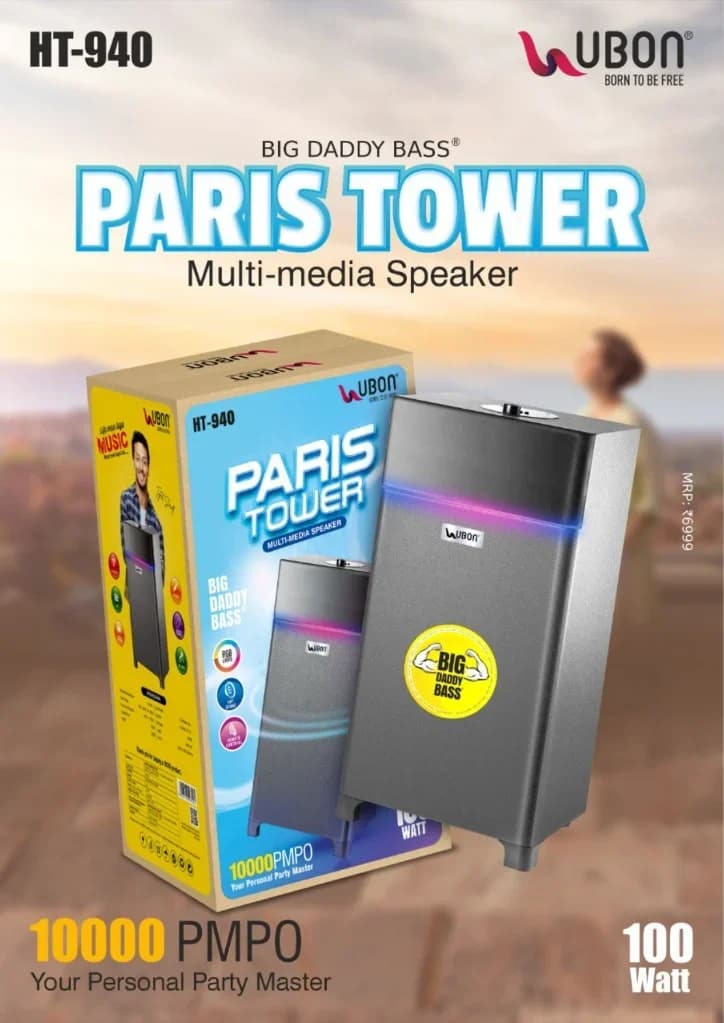 UBON HT-940 PARIS TOWER Multi-media Speaker with Big Daddy Bass®, 100 Watt Output, RGB Lights & Remote Control