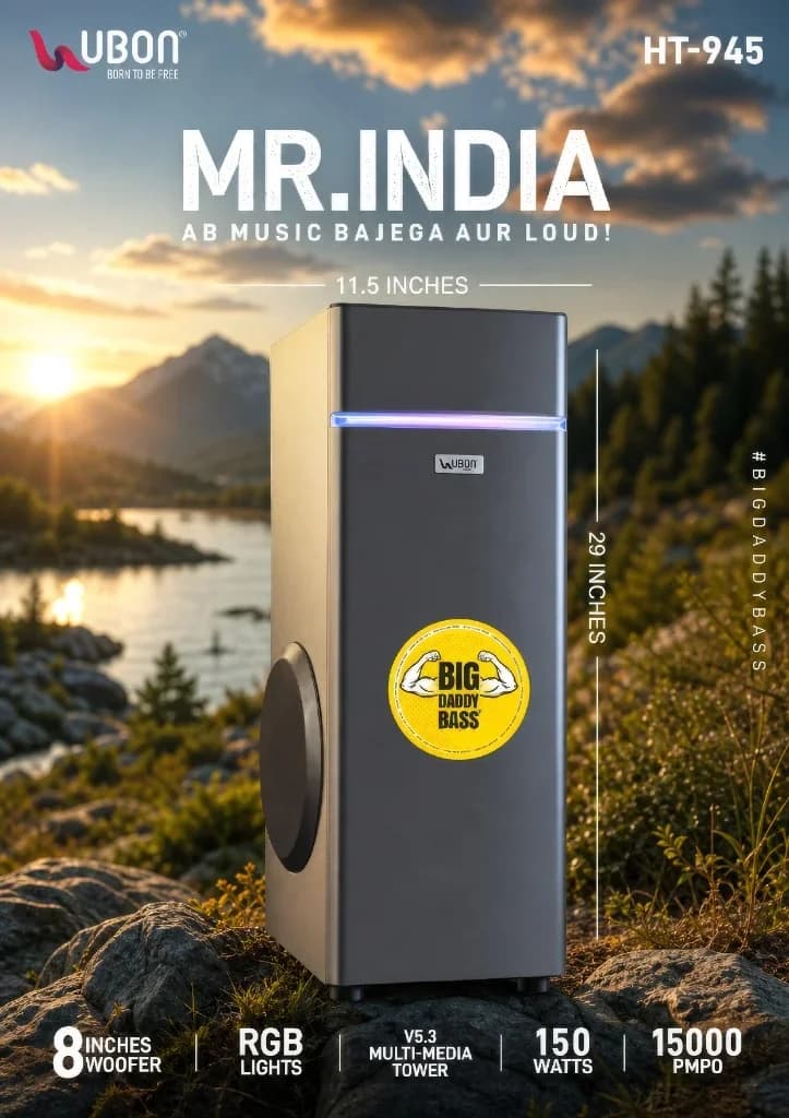 UBON HT-945 MR. INDIA Multi-media Tower Speaker with 8-Inch Woofer, 150 Watts, Big Daddy Bass® & RGB Lights