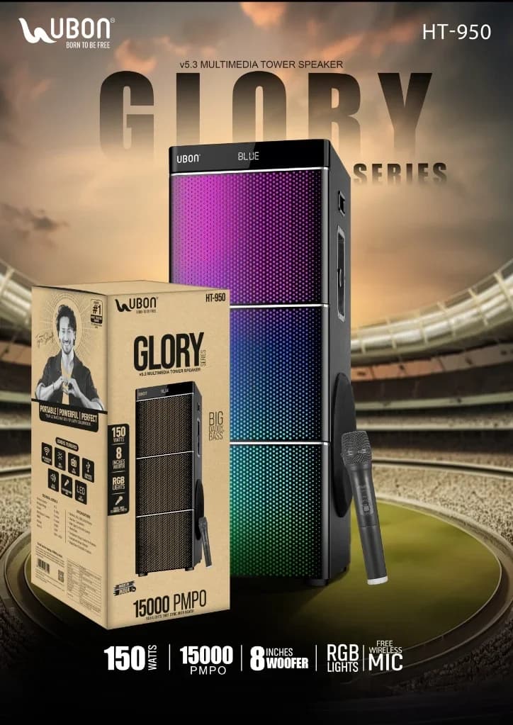 UBON HT-950 GLORY Series v5.3 Multimedia Tower Speaker with 150 Watts, 8-Inch Woofer, RGB Lights & Free Wireless Mic