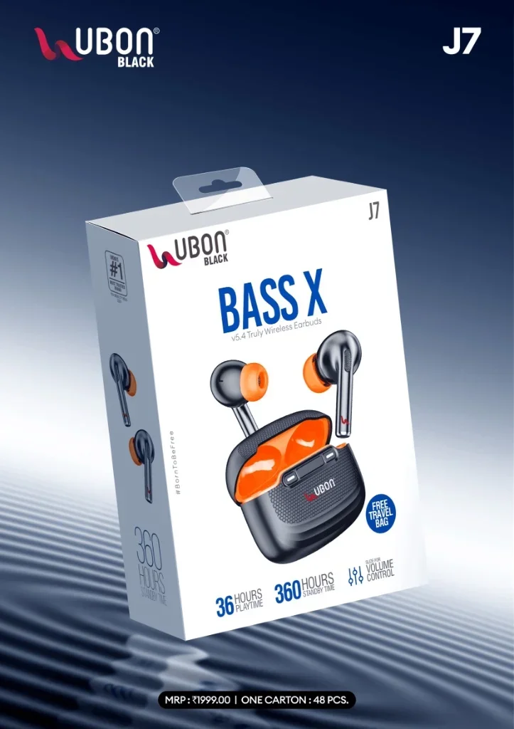 UBON Black J7 BASS X Truly Wireless Earbuds with Bluetooth v5.4, 36 Hours Playtime & Free Travel Bag