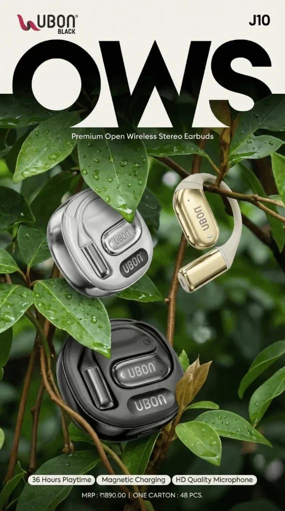 UBON Black J10 OWS Premium Open Wireless Stereo Earbuds with Magnetic Charging & 36 Hours Playtime