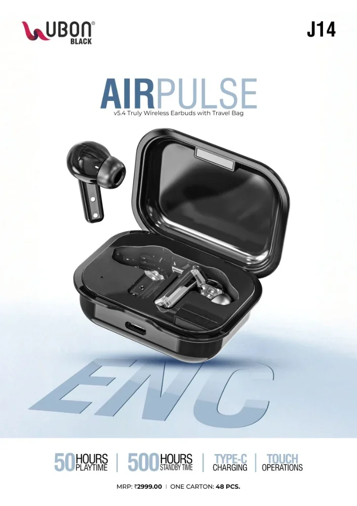 UBON Black J14 AIRPULSE Truly Wireless Earbuds with ENC, Bluetooth v5.4 & 50 Hours Playtime