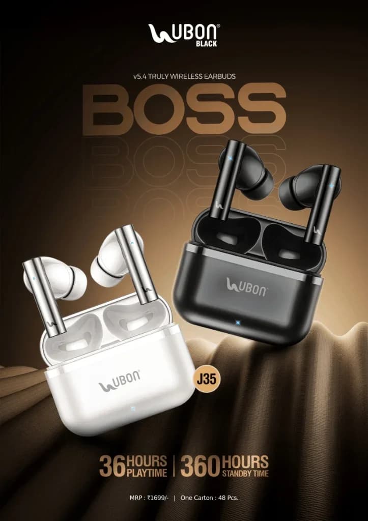 UBON Black J35 BOSS Truly Wireless Earbuds with Bluetooth v5.4 & 36 Hours Playtime