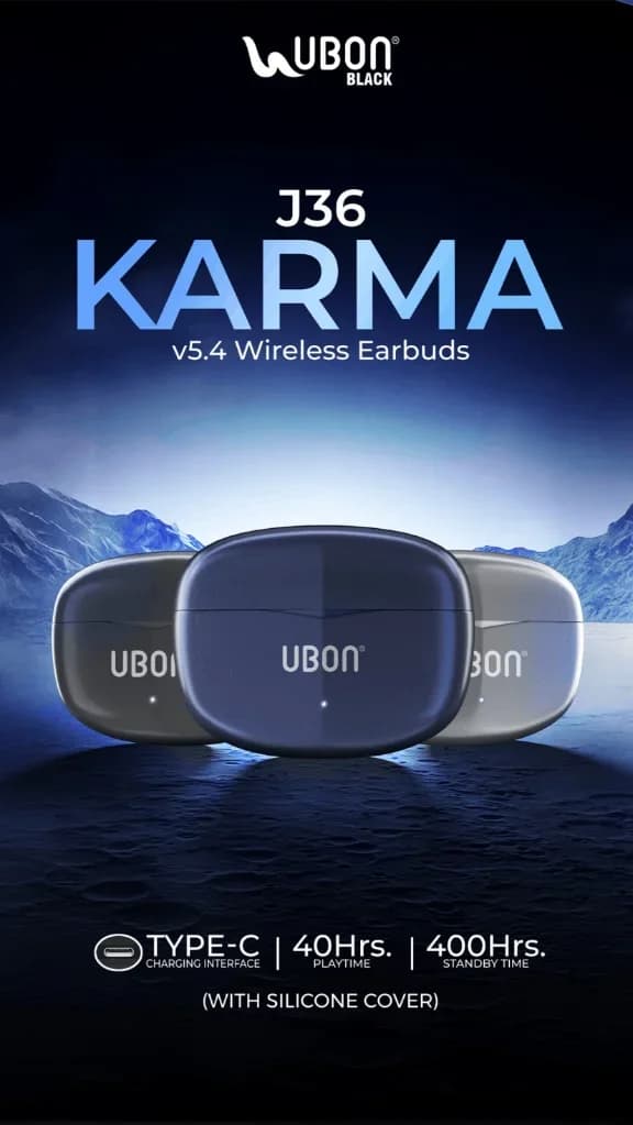 UBON Black J36 KARMA Wireless Earbuds with Bluetooth v5.4, 40 Hours Playtime & Included Silicone Cover