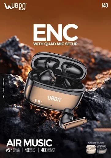 UBON Black J40 AIR MUSIC Truly Wireless Earbuds with ENC Quad Mic Setup, 40 Hours Playtime & Big Daddy Bass®
