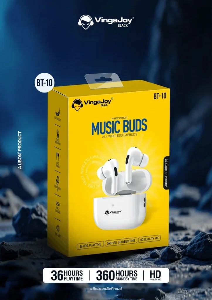 VingaJoy Black BT-10 MUSIC BUDS Wireless Earbuds with 36 Hours Playtime & HD Quality Mic