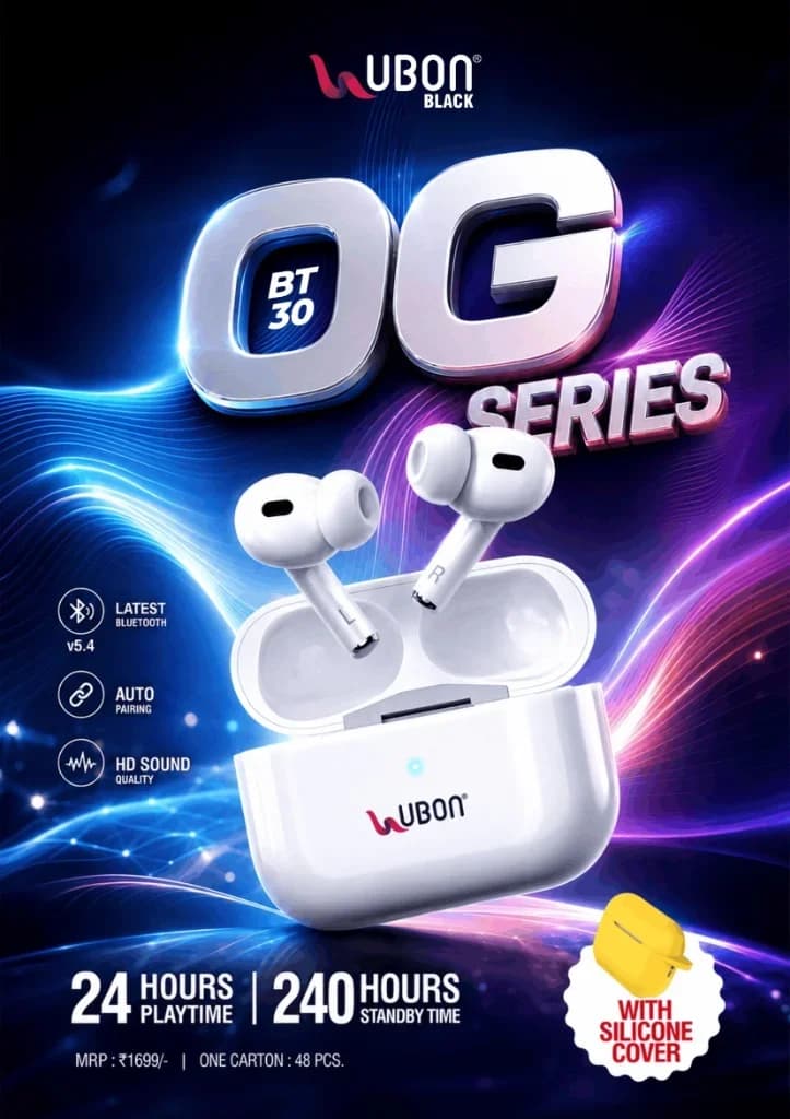 UBON Black OG Series BT-30 Wireless Earbuds with Bluetooth v5.4, HD Sound & Free Silicone Cover