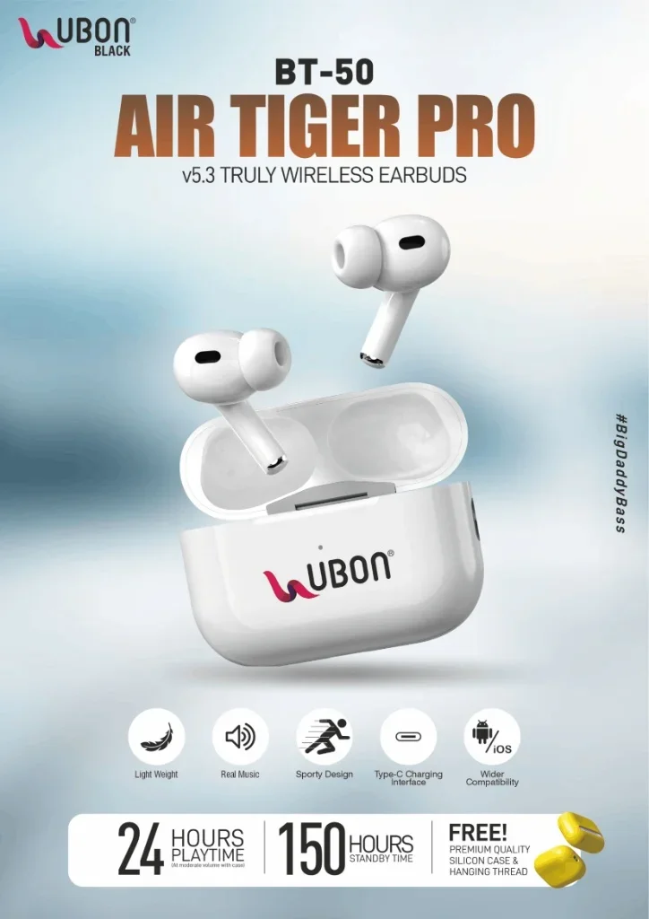UBON Black BT-50 AIR TIGER PRO Wireless Earbuds with Sporty Design & Free Silicon Case