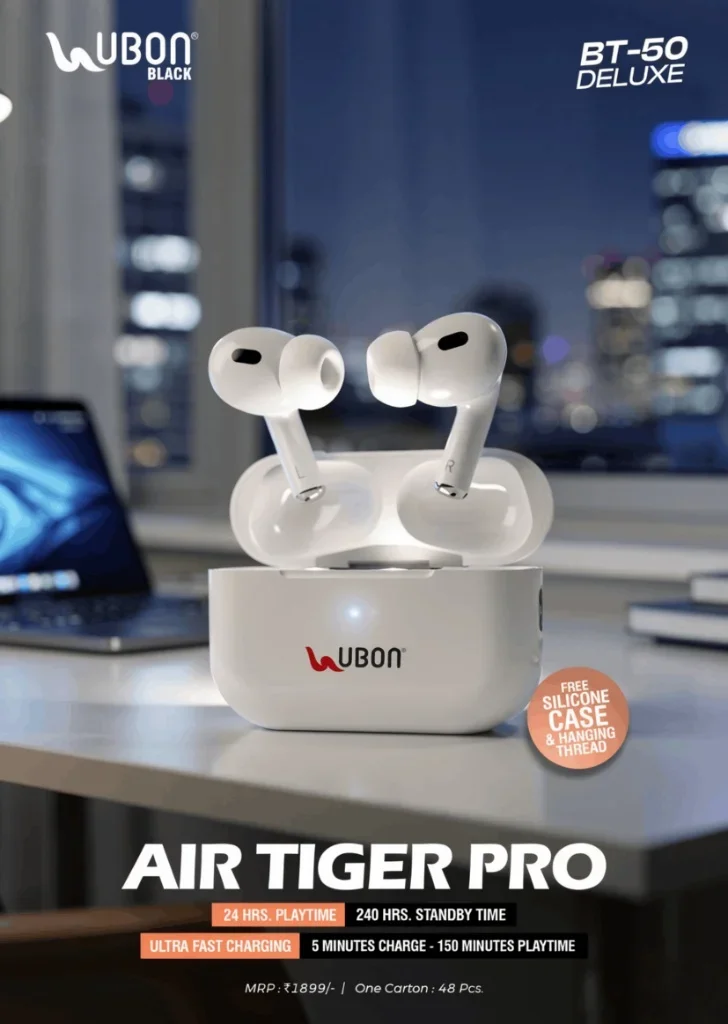 UBON Black BT-50 DELUXE AIR TIGER PRO Earbuds with Ultra Fast Charging & Free Silicone Case