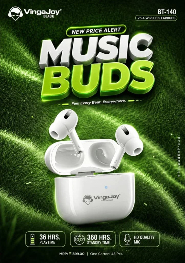 VingaJoy Black BT-140 MUSIC BUDS v5.4 Wireless Earbuds with 36 Hours Playtime & HD Quality Mic