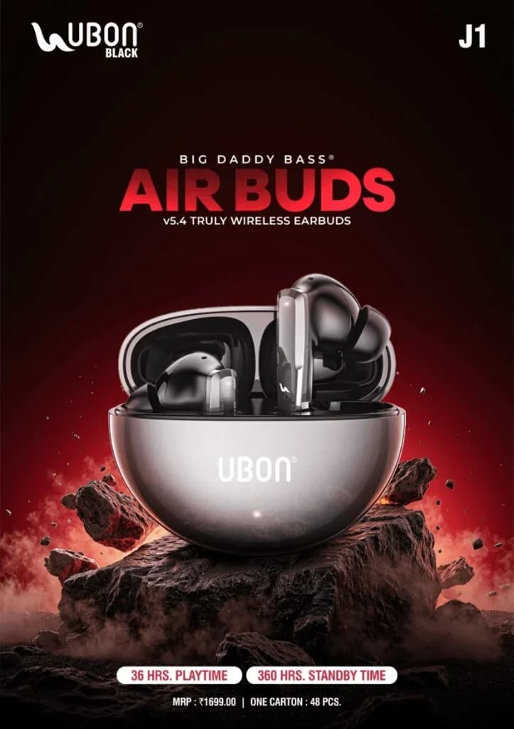 UBON Black J1 AIR BUDS Truly Wireless Earbuds with Big Daddy Bass®, 36 Hours Playtime & Metallic Finish