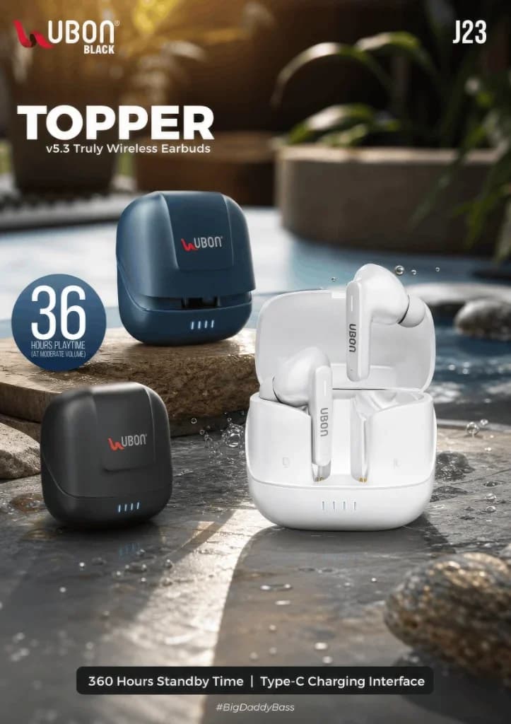 UBON Black J23 TOPPER Wireless Earbuds with 36 Hours Playtime, BigDaddyBass & Type-C Charging