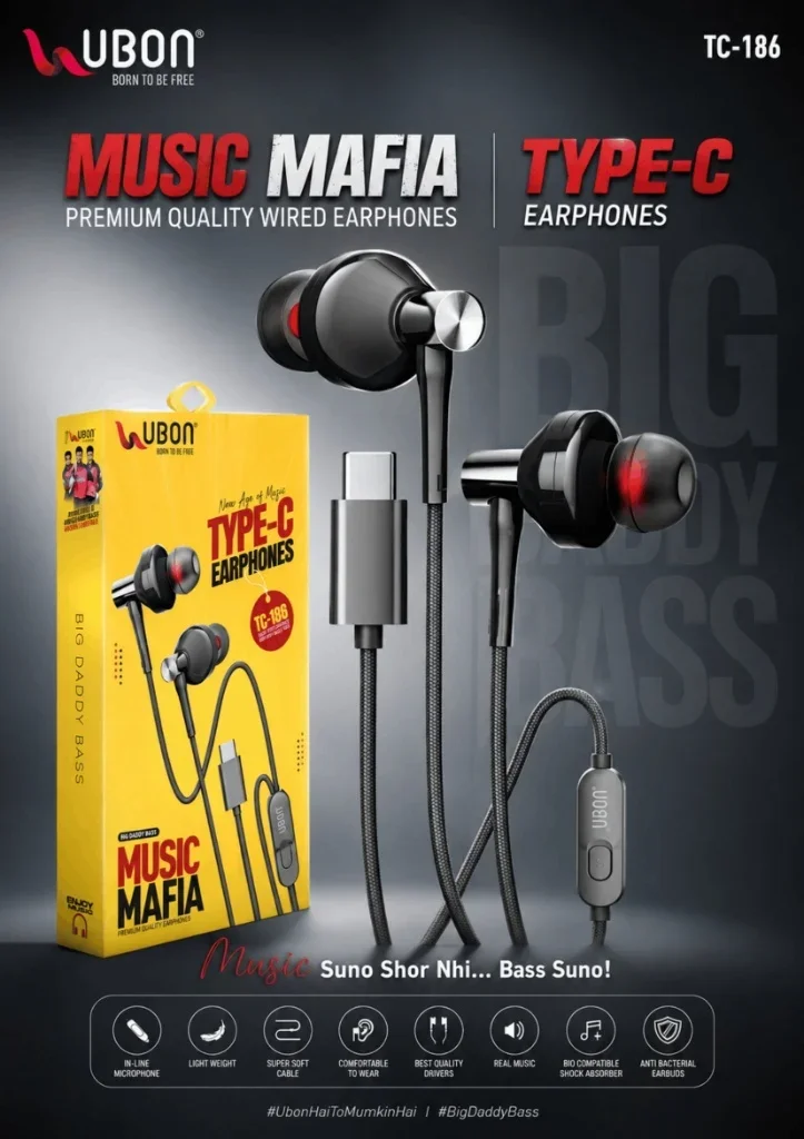 UBON TC-186 MUSIC MAFIA Type-C Wired Earphones with Anti-Bacterial Earbuds & In-Line Mic
