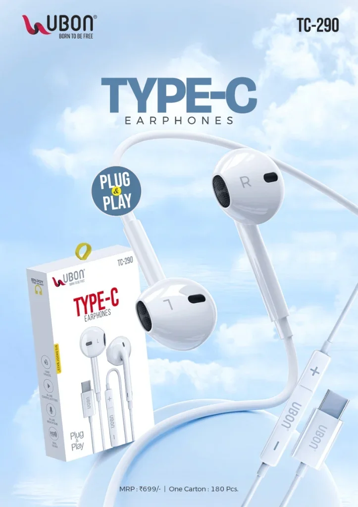 UBON TC-290 Type-C Wired Earphones with Half In-Ear Design & In-Line Control Buttons