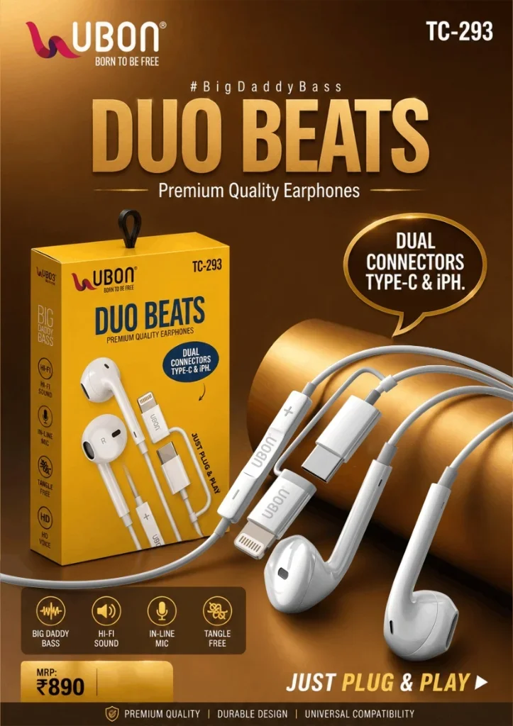 UBON TC-293 DUO BEATS Dual Connector Earphones with Type-C & iOS Lightning Connectors