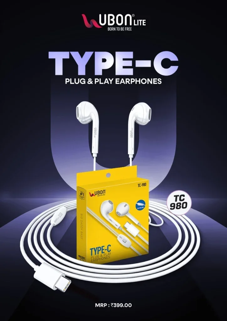 UBON LITE TC-980 Type-C Plug & Play Wired Earphones with Half In-Ear Design & Big Daddy Bass®