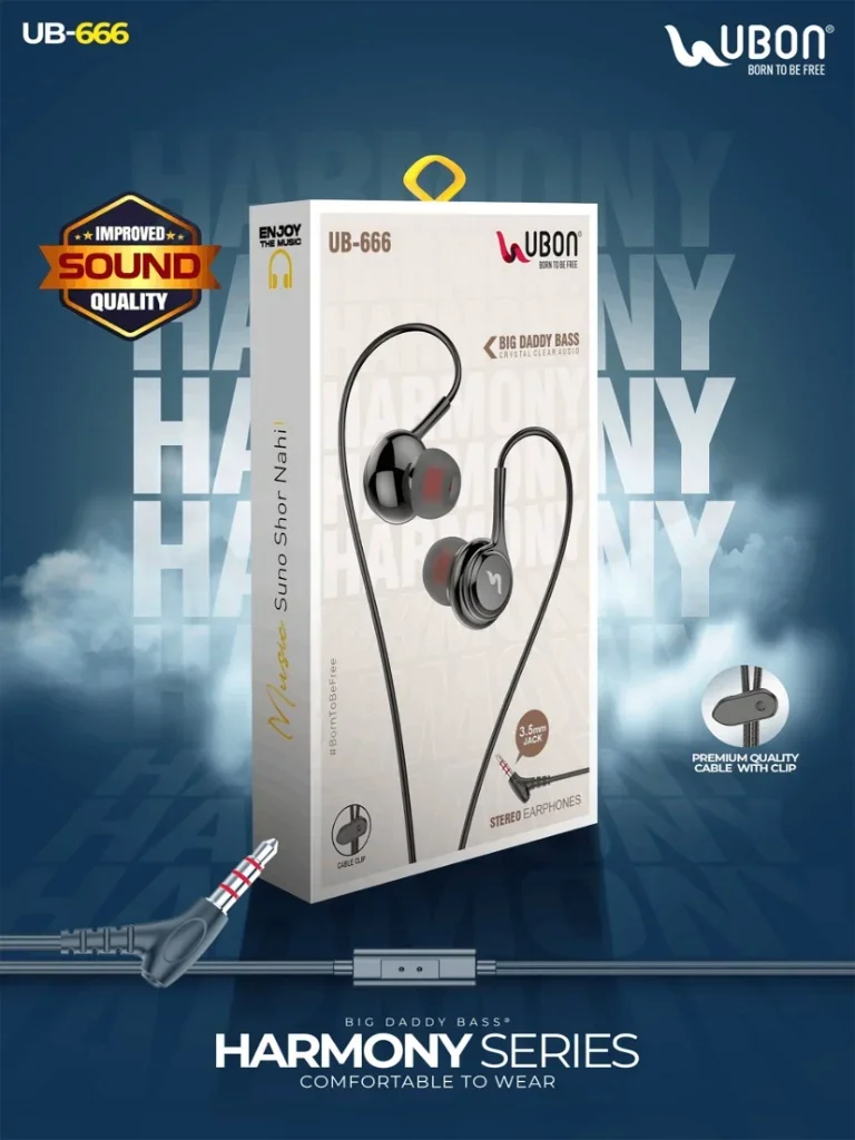 UBON UB-666 HARMONY SERIES Wired Stereo Earphones with 3.5mm Jack & Premium Cable Clip