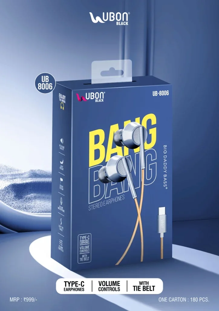UBON BLACK UB-8006 BANG BANG Type-C Stereo Earphones with Volume Controls & Cable Tie Belt