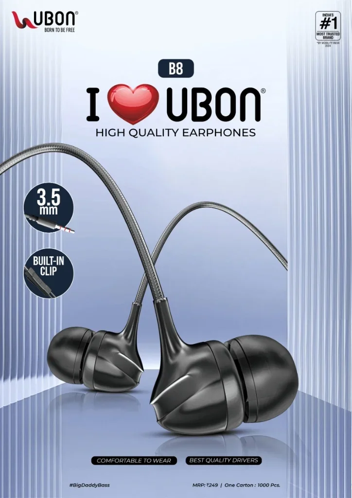 UBON B8 High Quality Wired Earphones with 3.5mm Jack & Built-In Clip