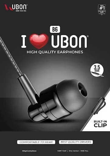 UBON B6 High Quality Wired Earphones with Built-In Clothing Clip & Best Quality Drivers