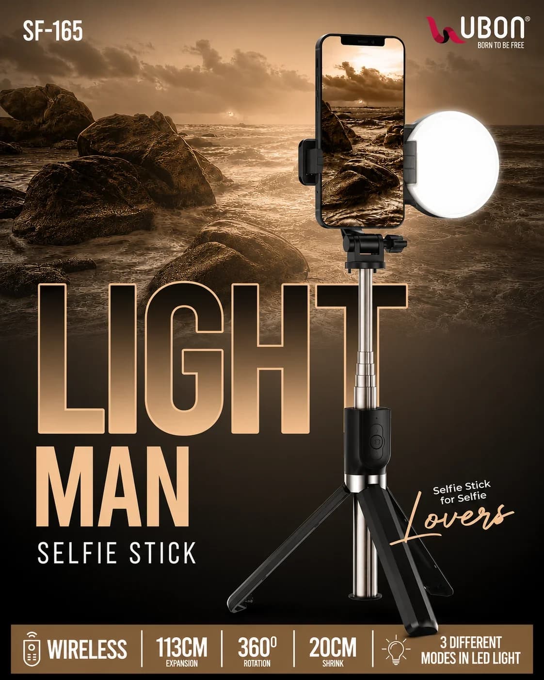 UBON SF-165 LIGHT MAN Wireless Selfie Stick Tripod with Built-In LED Fill Light & 360° Rotation
