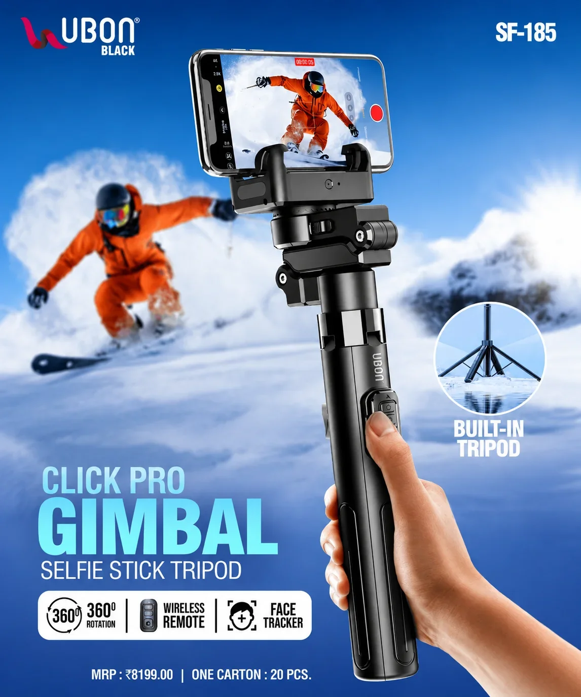 UBON BLACK SF-185 CLICK PRO Gimbal Selfie Stick Tripod with Face Tracker & 360° Rotation
