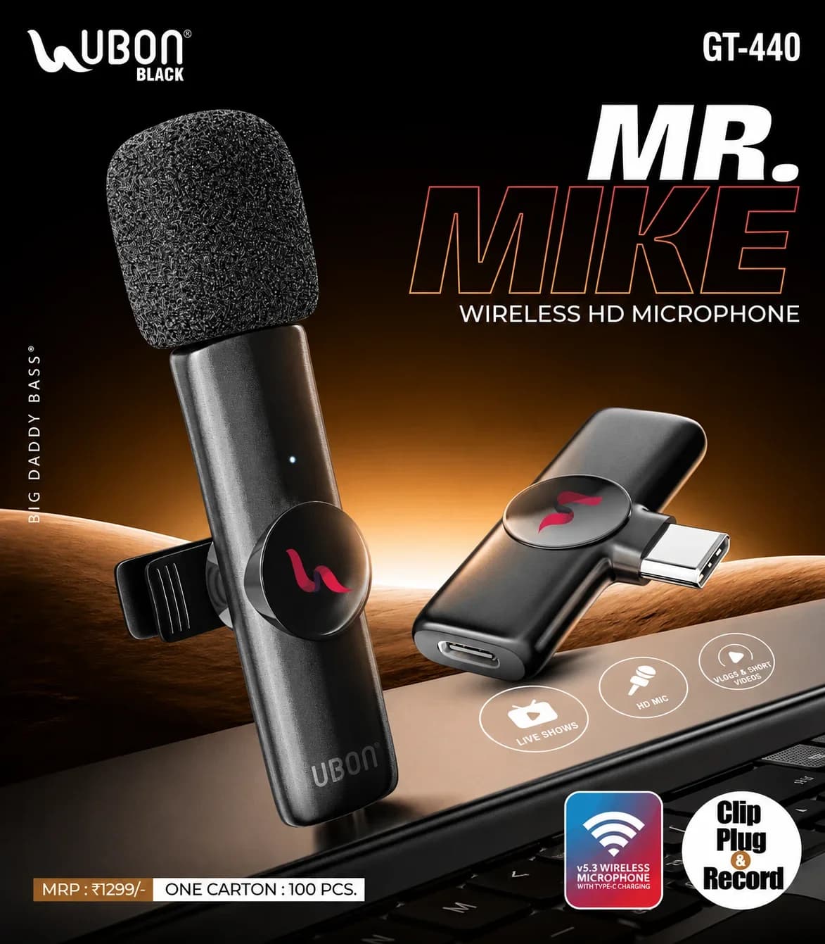 UBON BLACK GT-440 MR. MIKE v5.3 Wireless HD Clip-On Microphone with Type-C Receiver & Pass-Through Charging